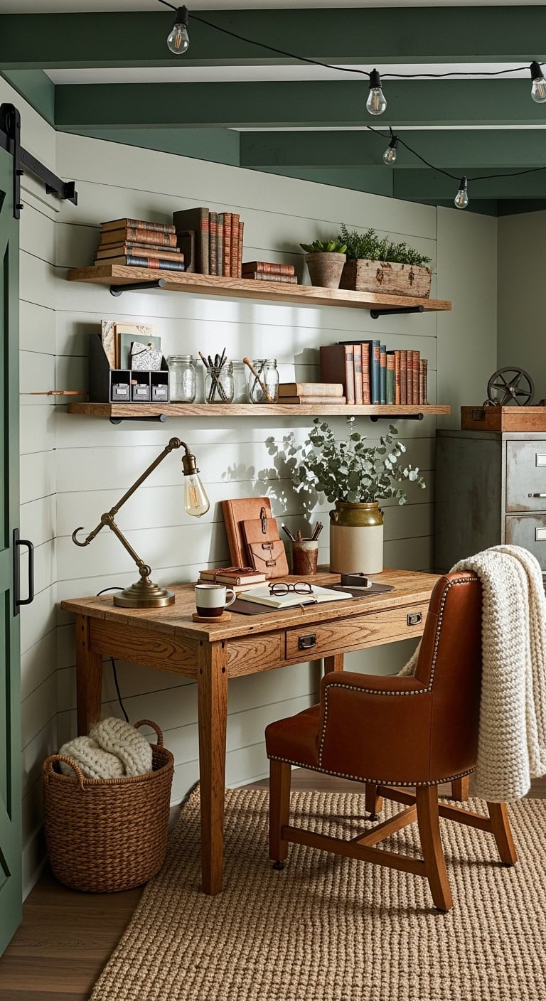 rustic farmhouse inspired study with green accents