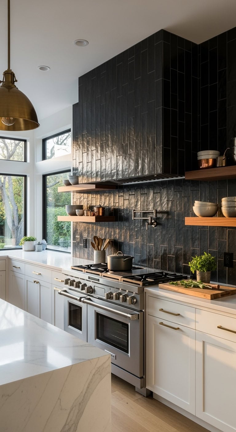 dramatic matte black statement tile kitchen