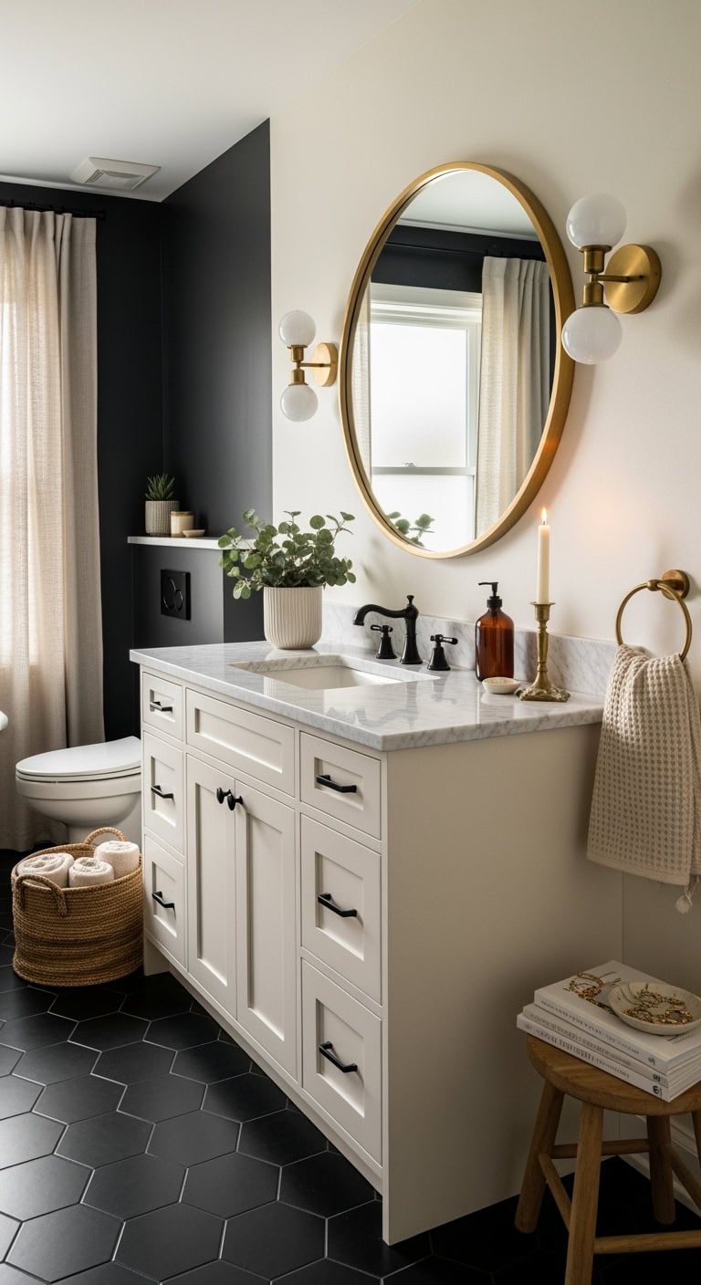 elegant brass framed circular bathroom mirror