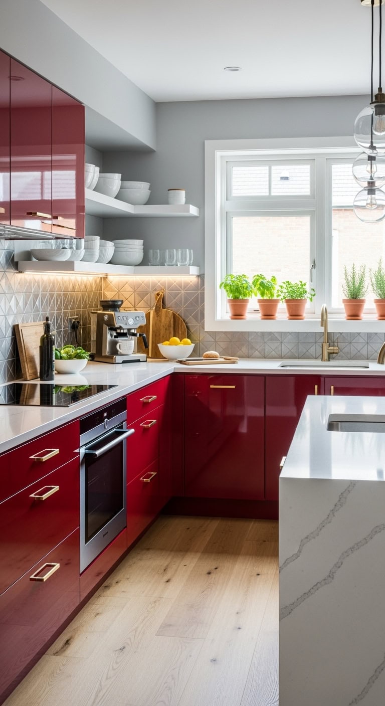 glossy red cabinets steal the show