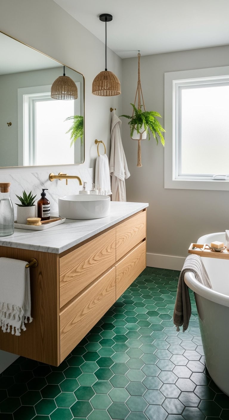 luxurious jewel toned hexagonal bathroom oasis