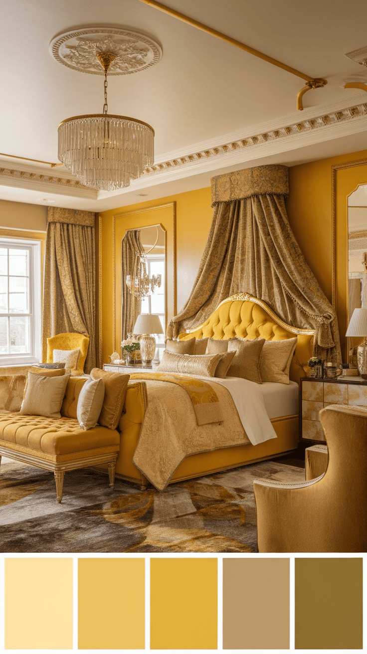 A luxurious bedroom featuring a gold and yellow color palette with elegant furnishings.