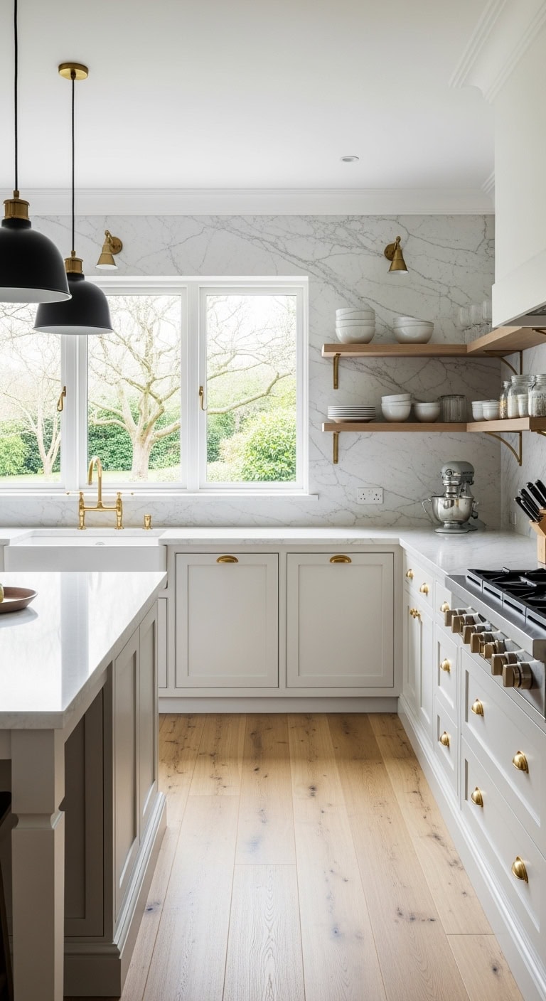 intentional brass hardware accentuates kitchen design