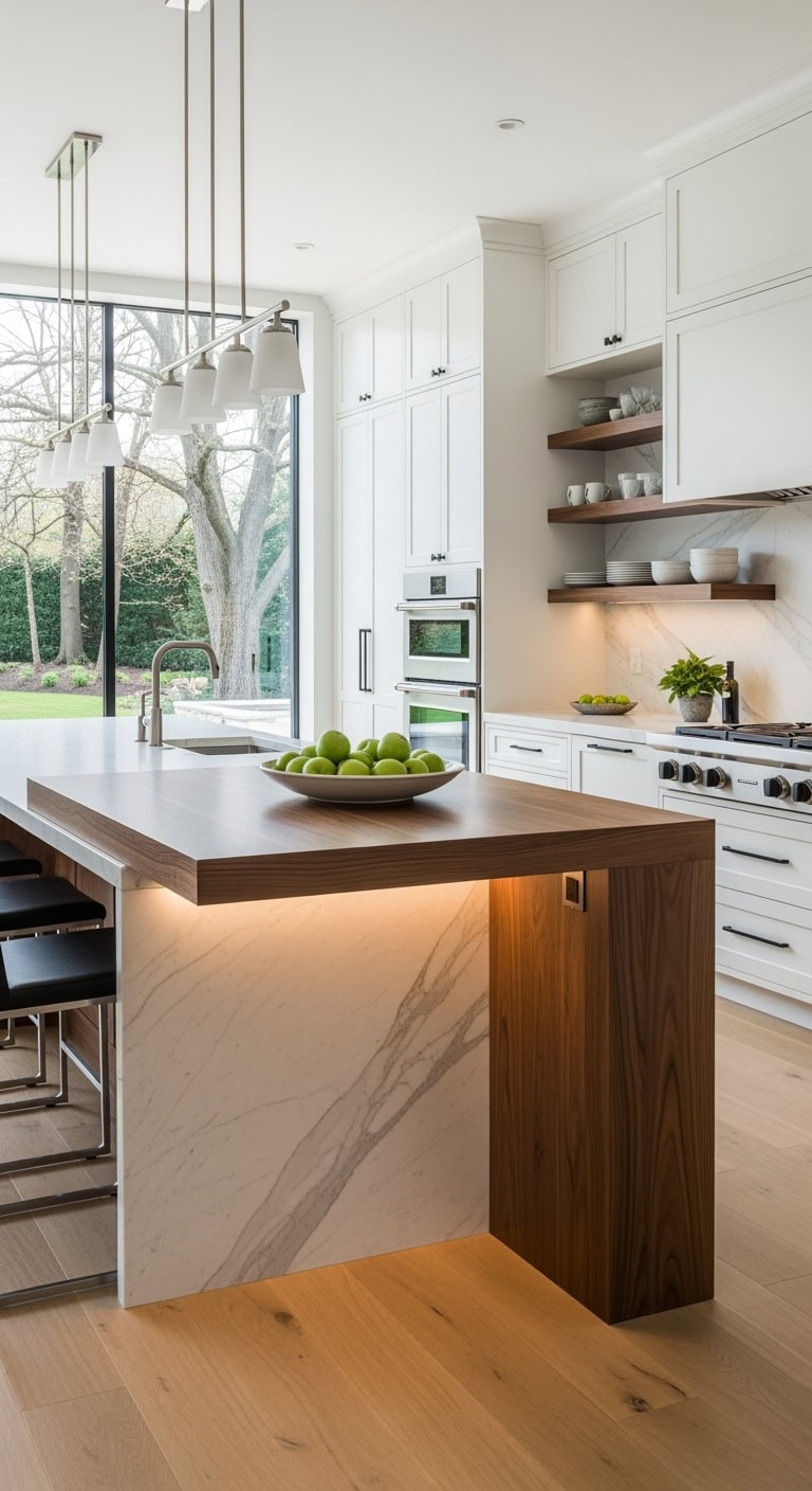 sophisticated floating wood breakfast bar