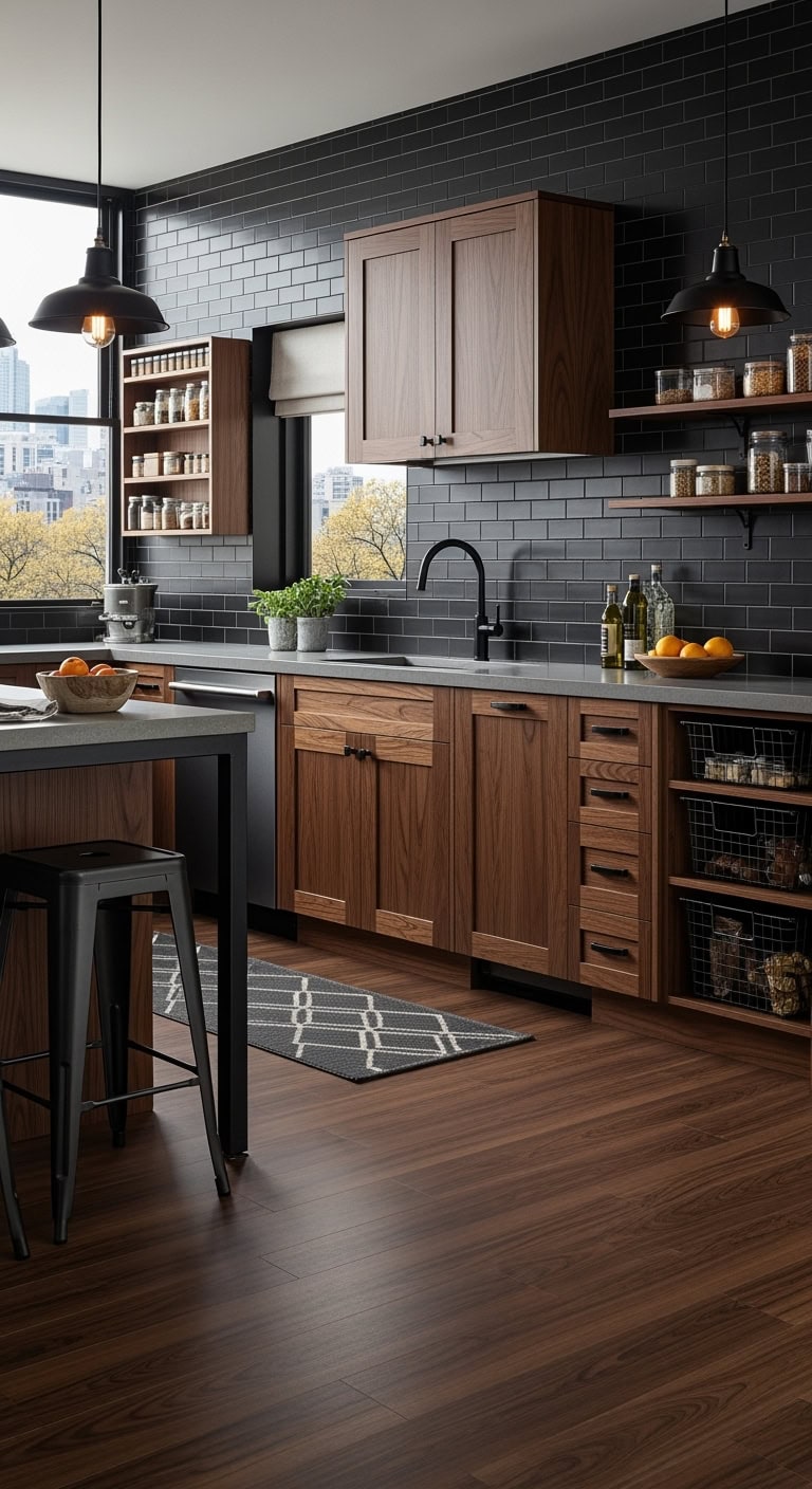 dark walnut industrial kitchen