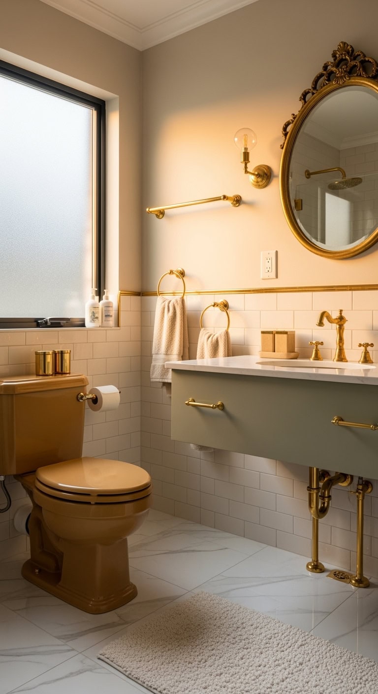 brass accents elevate beige bathroom