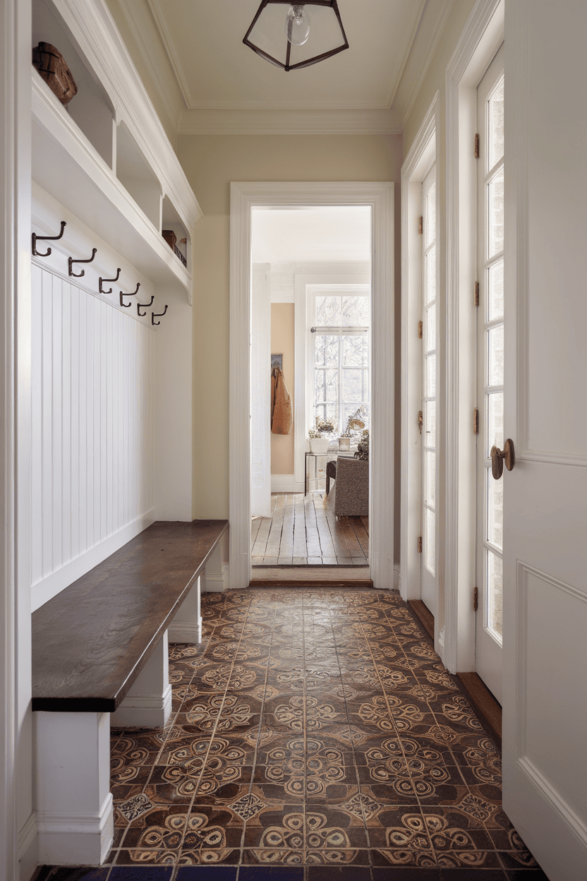 Mudroom hallway with vintage tile floor, built-in bench, and coat hooks.