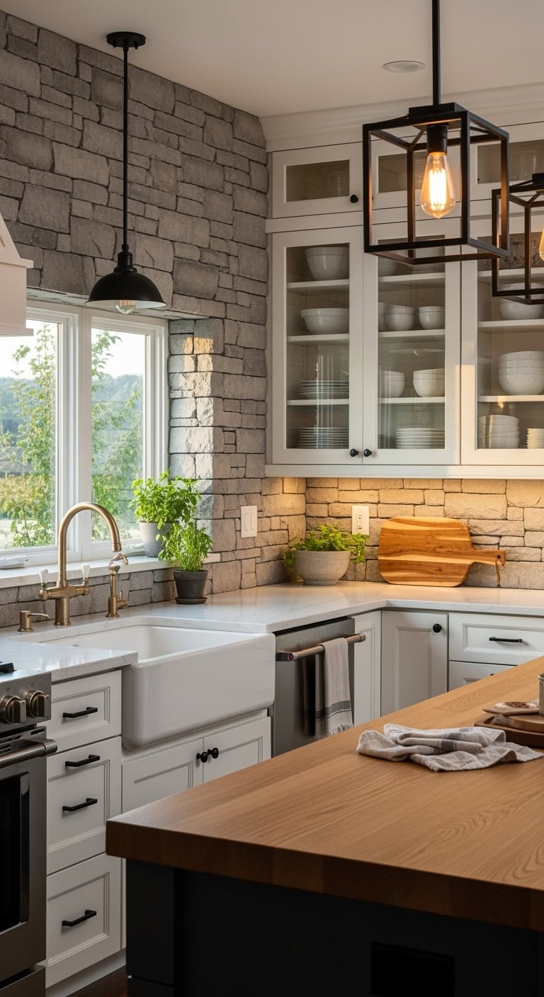 transitional stone wall kitchen design