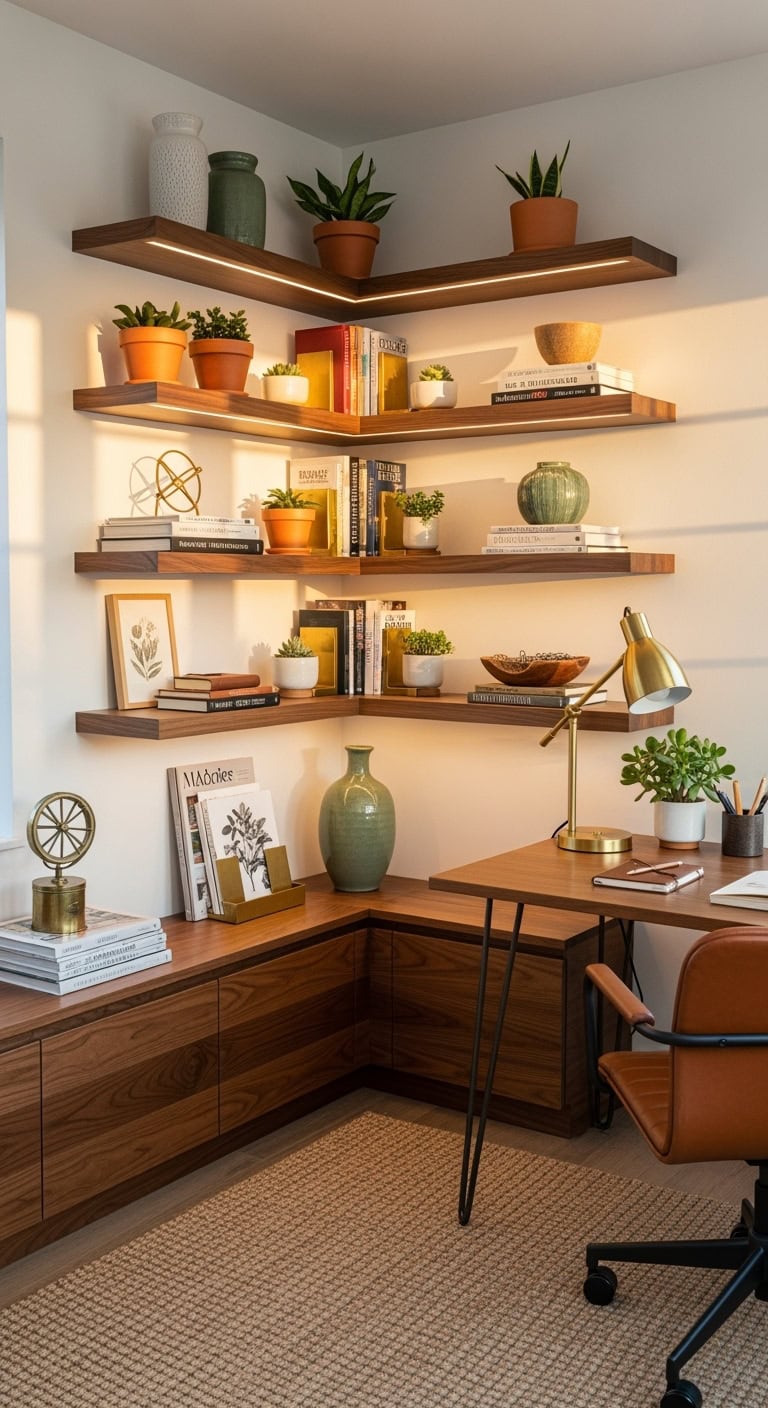 geometric corner shelving maximizes awkward spaces