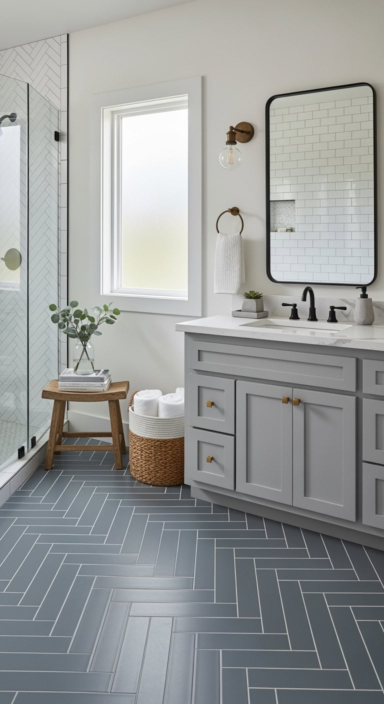 sophisticated practical versatile herringbone bathroom design