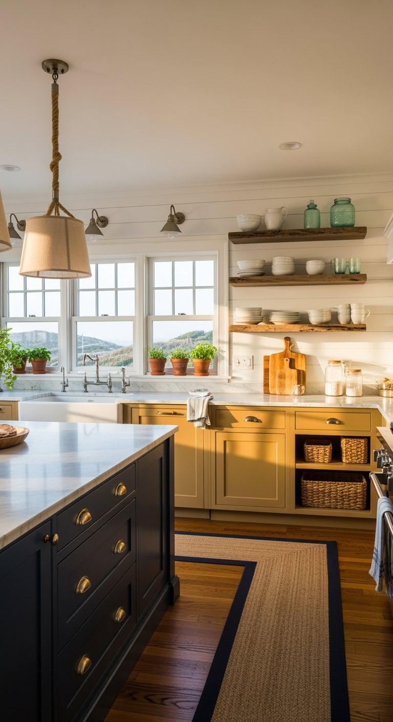 coastal mustard cabinet styling