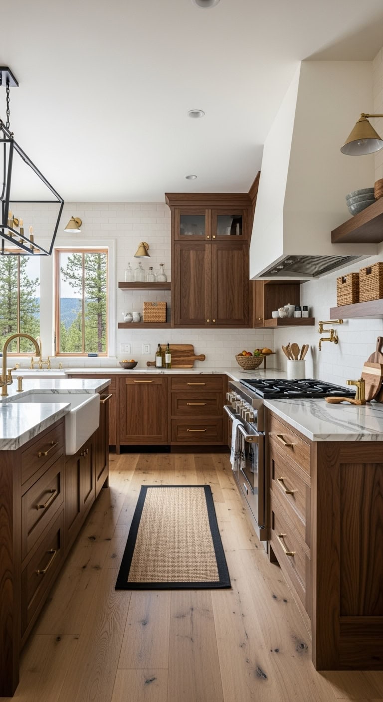 dark walnut kitchen with brass