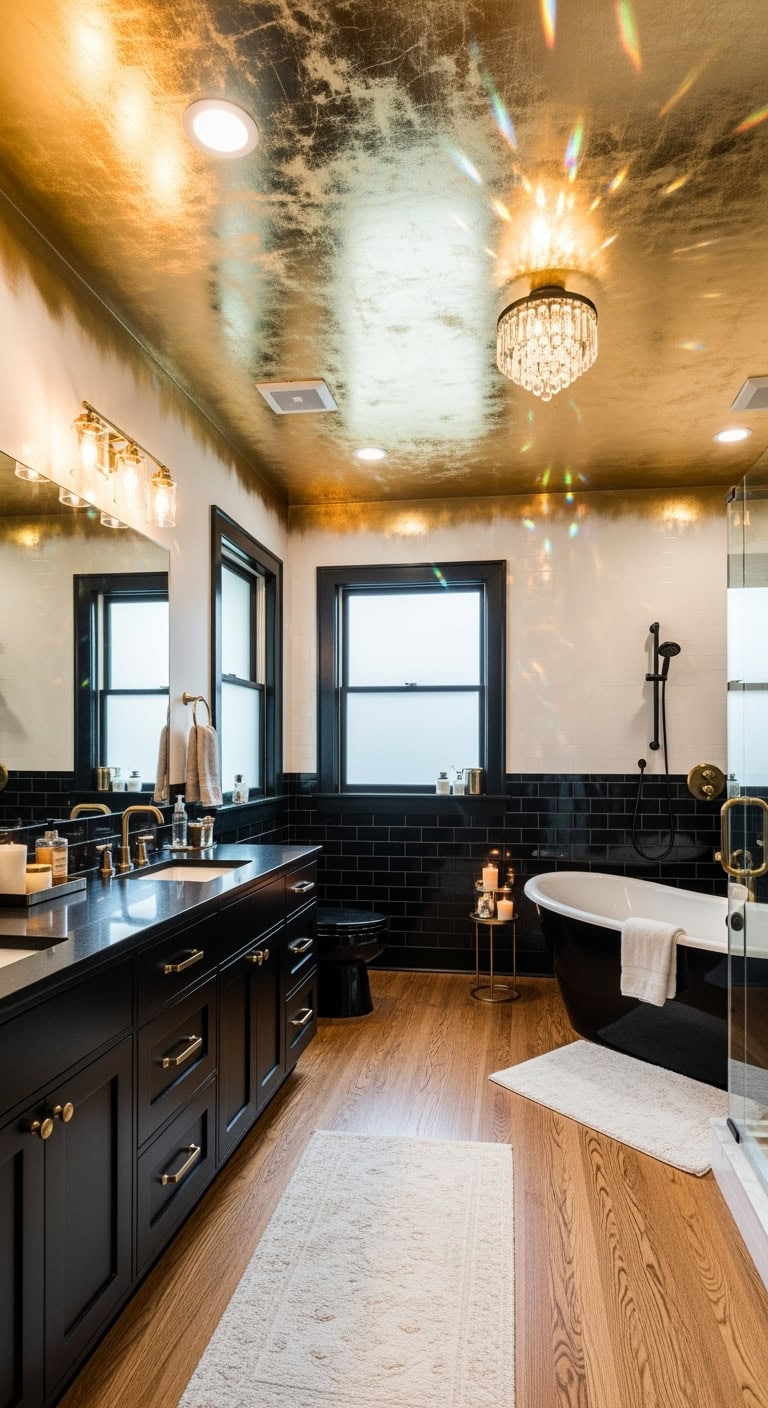 glamorous bathroom retreat with gold leaf
