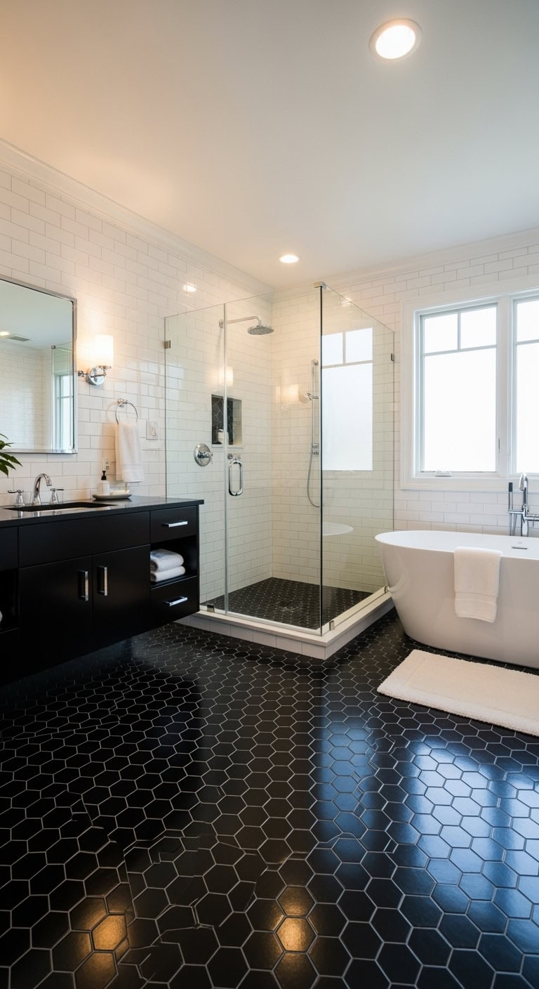 sophisticated reflective black hexagonal tiles