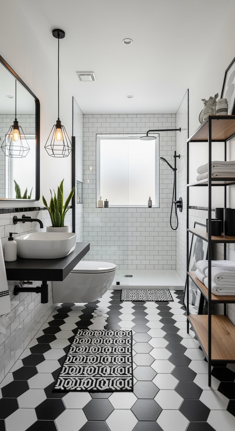 graphic tile matte black bathroom