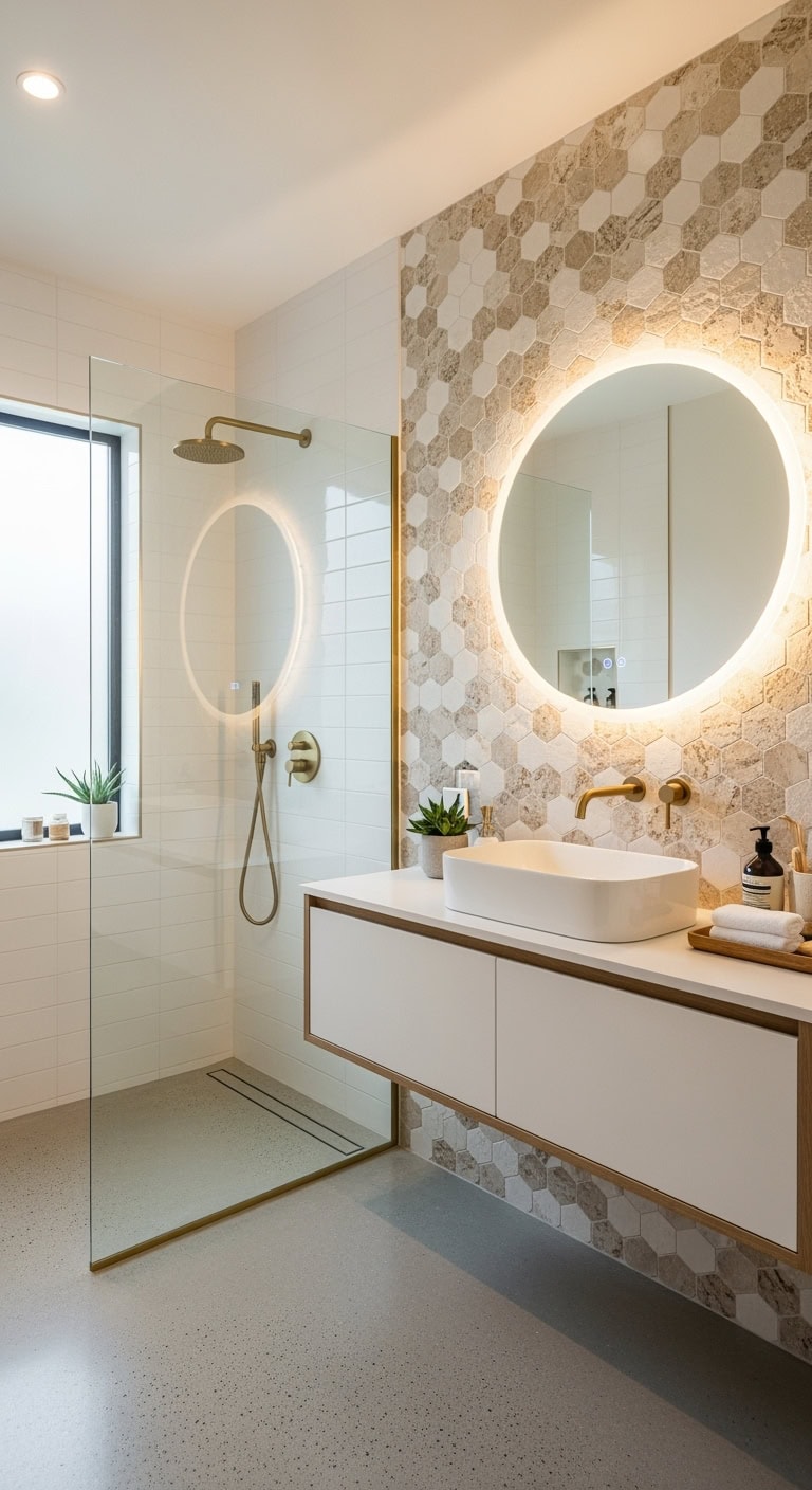 luxurious beige mosaic bathroom feature wall