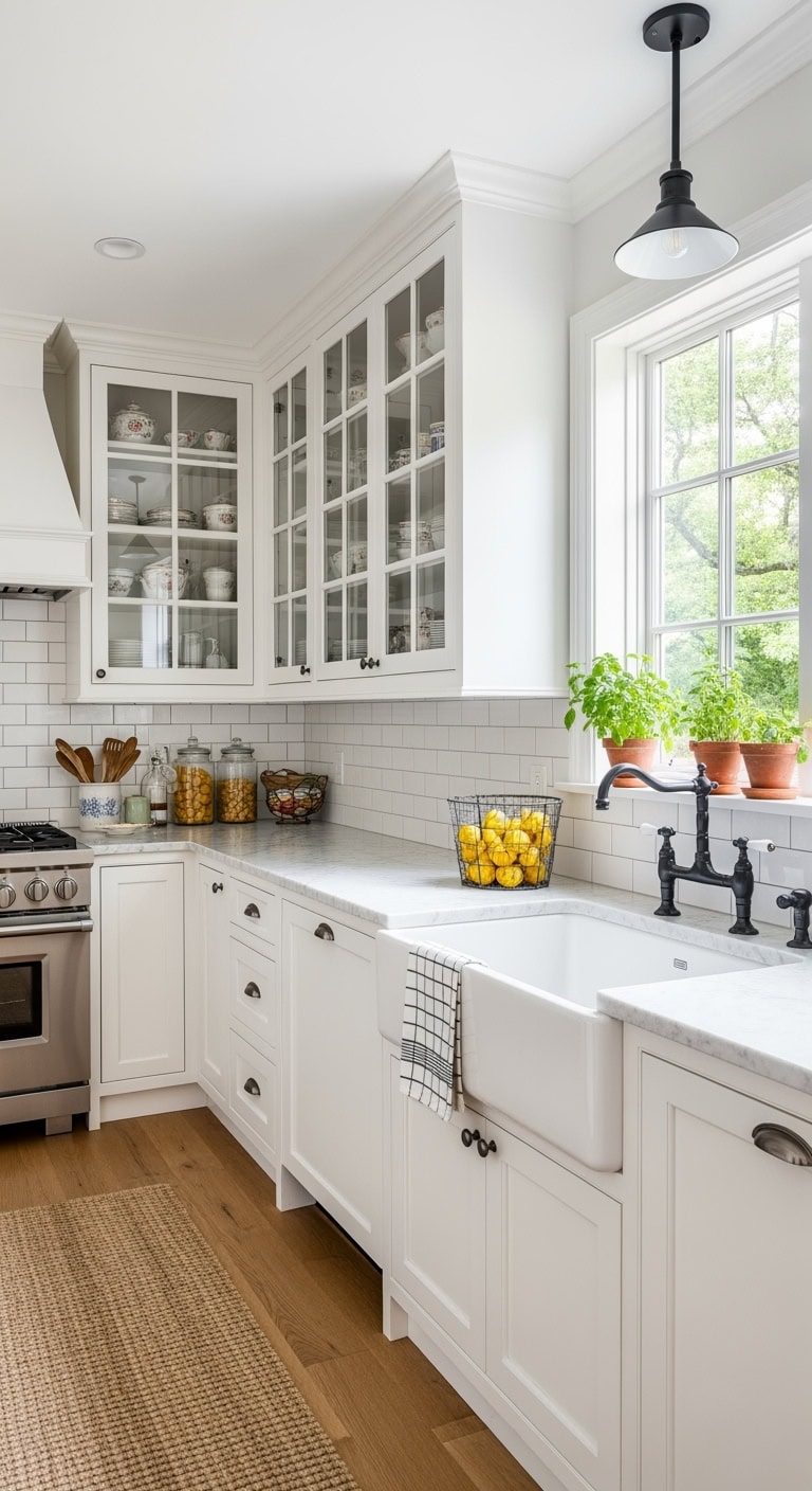 glass fronted shaker kitchen cabinetry