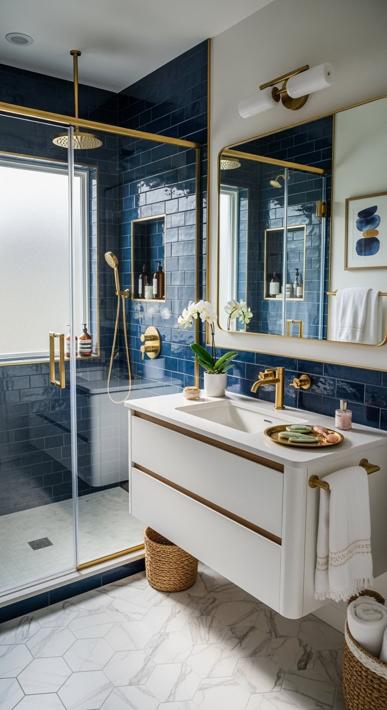 opulent navy gold bathroom sanctuary