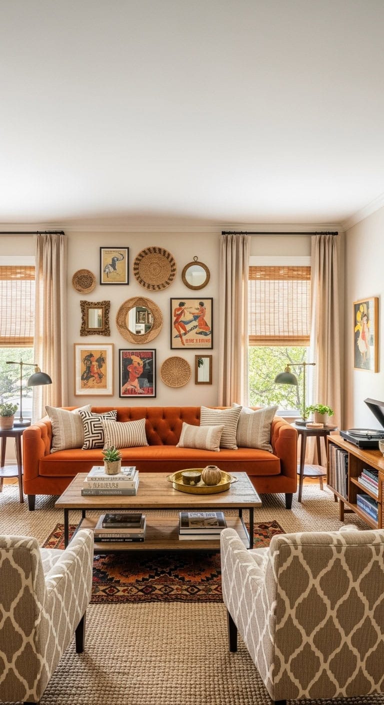 eclectic maximalist beige orange living