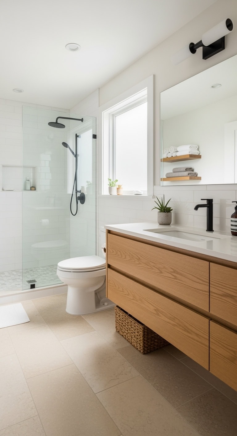sleek floating white oak vanity