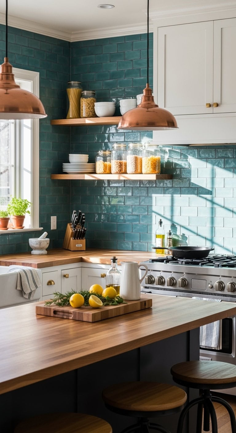 sophisticated textural timeless turquoise kitchen tiles