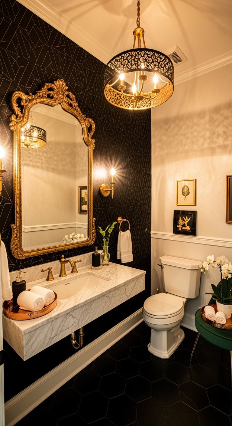 dramatic bold luxurious powder room transformation