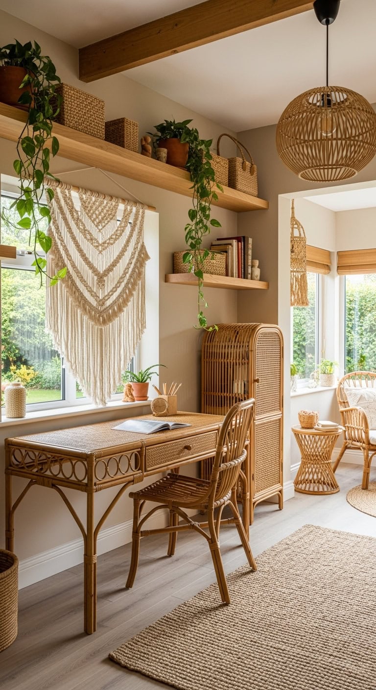 boho rattan macrame workspace