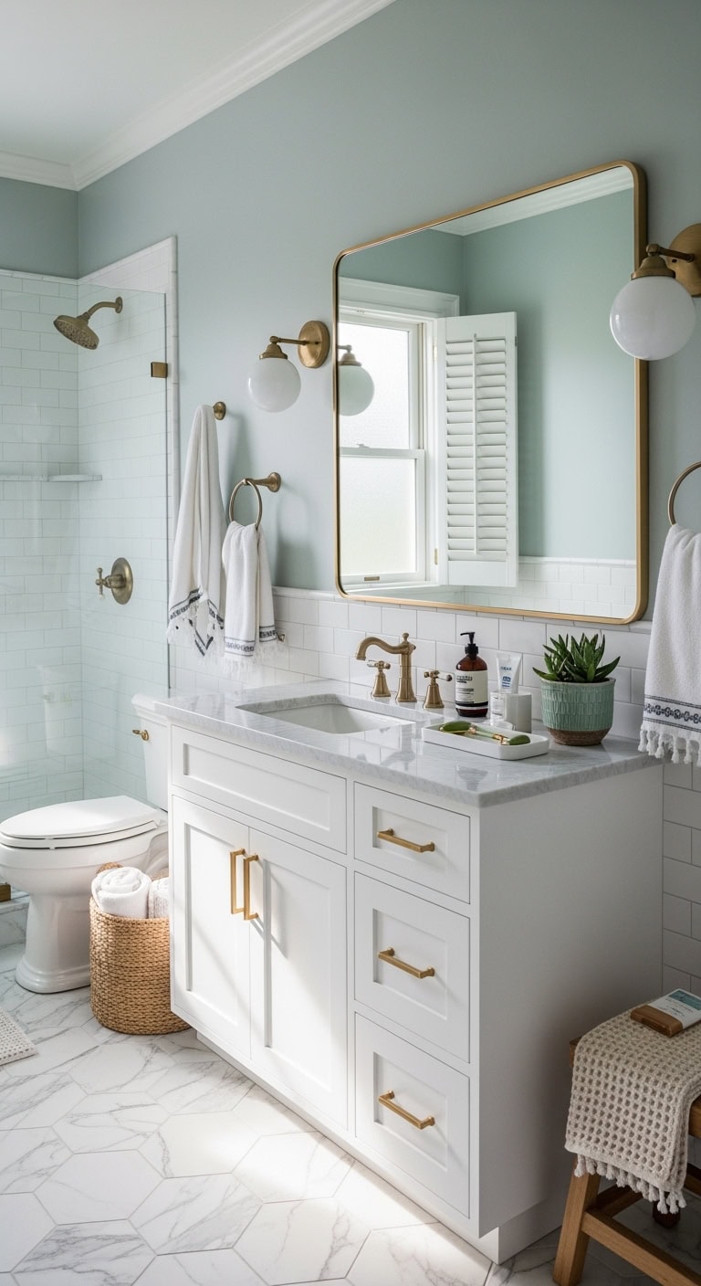 sophisticated seafoam bathroom with brushed gold