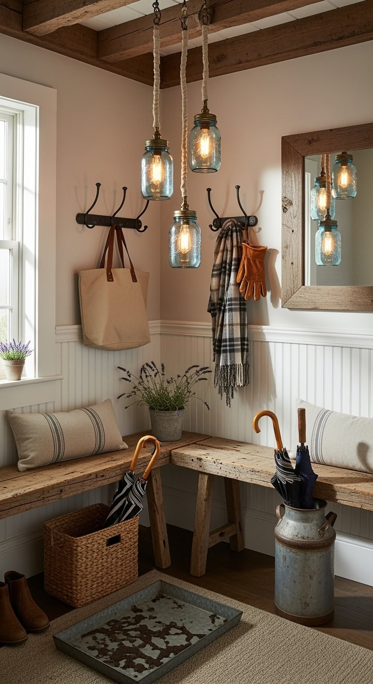 farmhouse lighting with antique mason jars