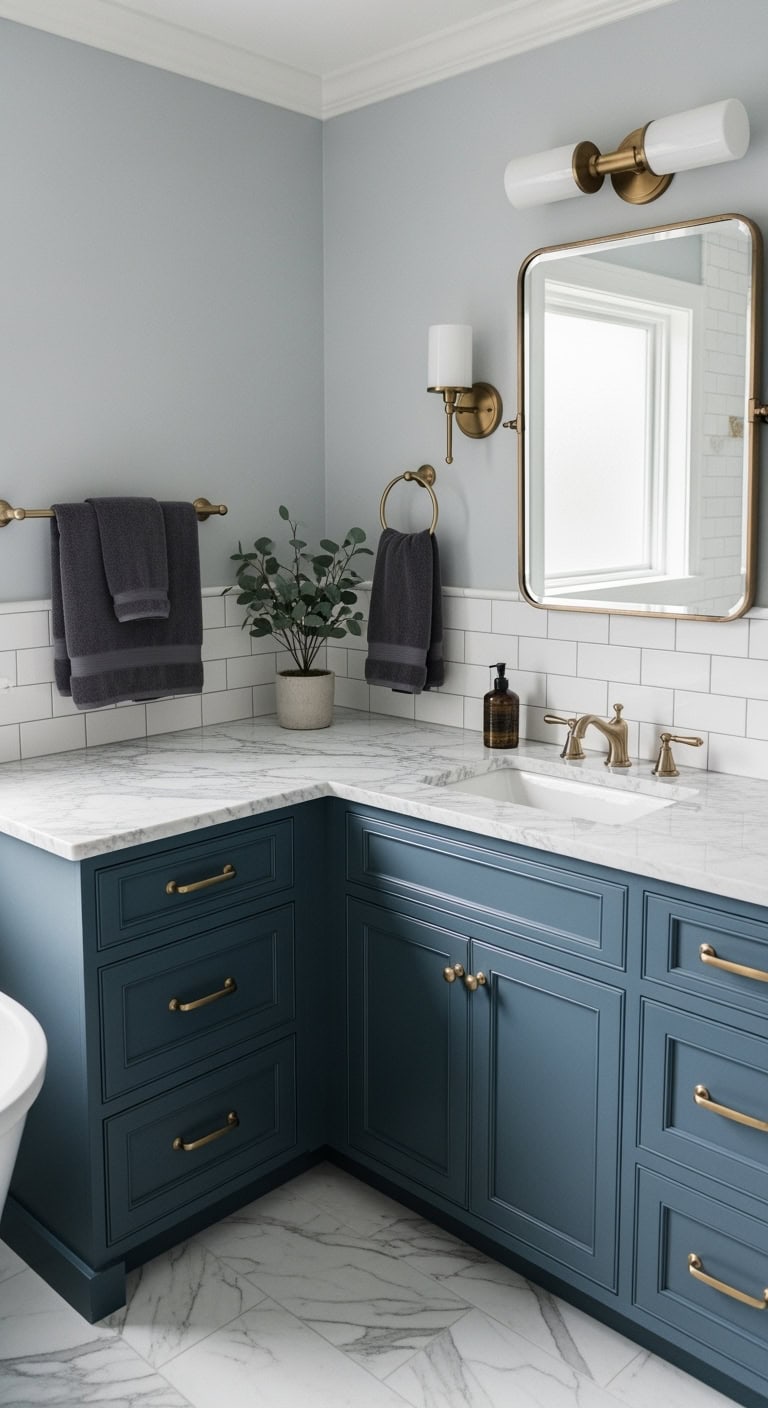 luxurious navy vanity with marble allure