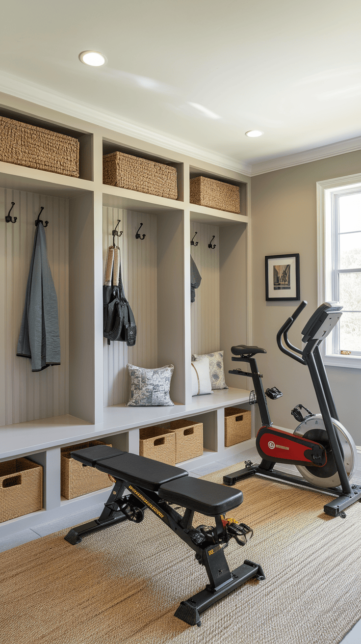 A modern mudroom with storage baskets, hooks, and gym equipment.