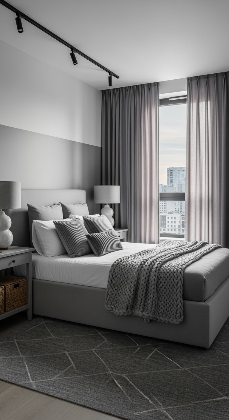 monochrome textured gray bedroom