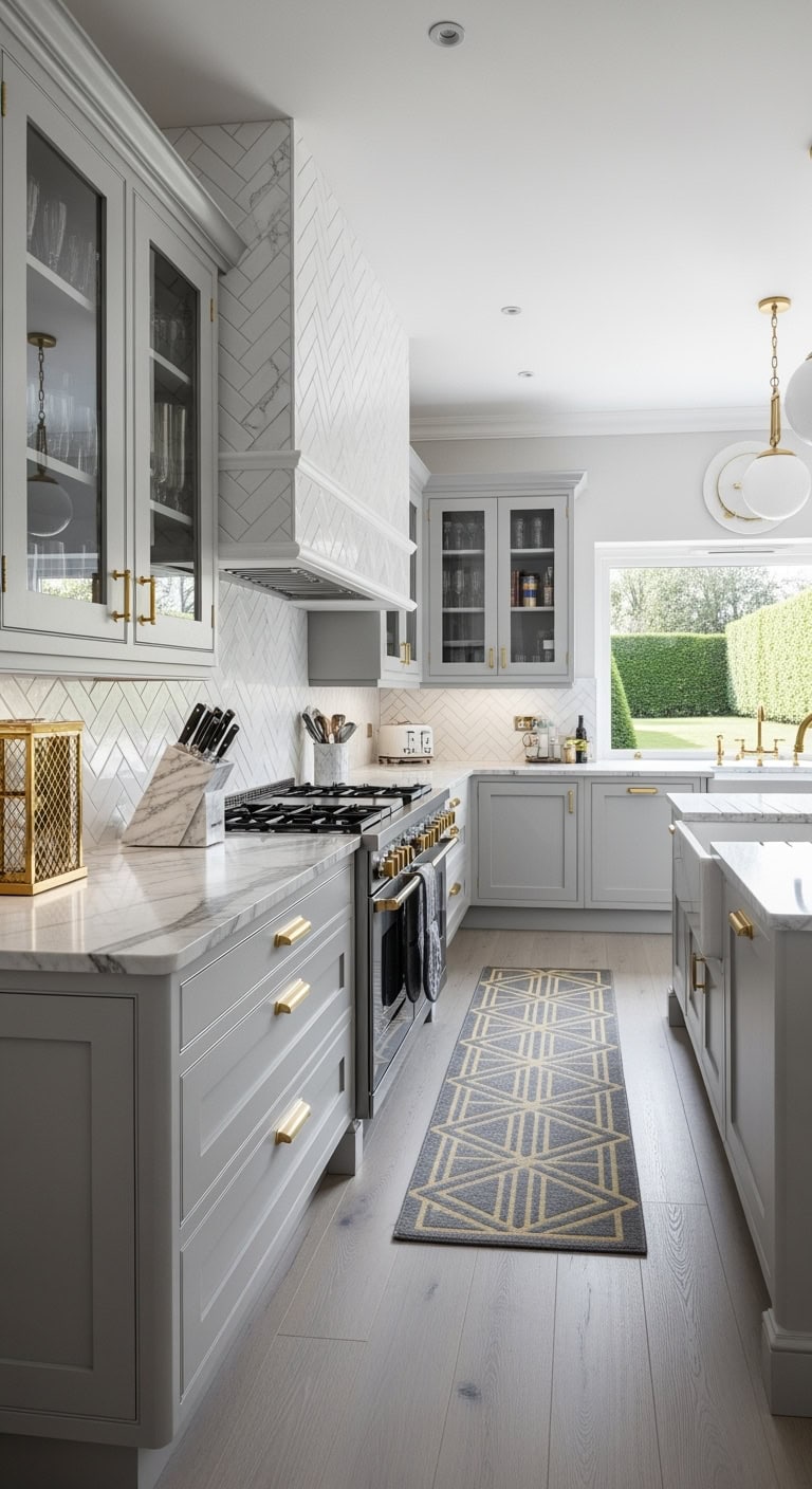 dove grey cabinets with gold