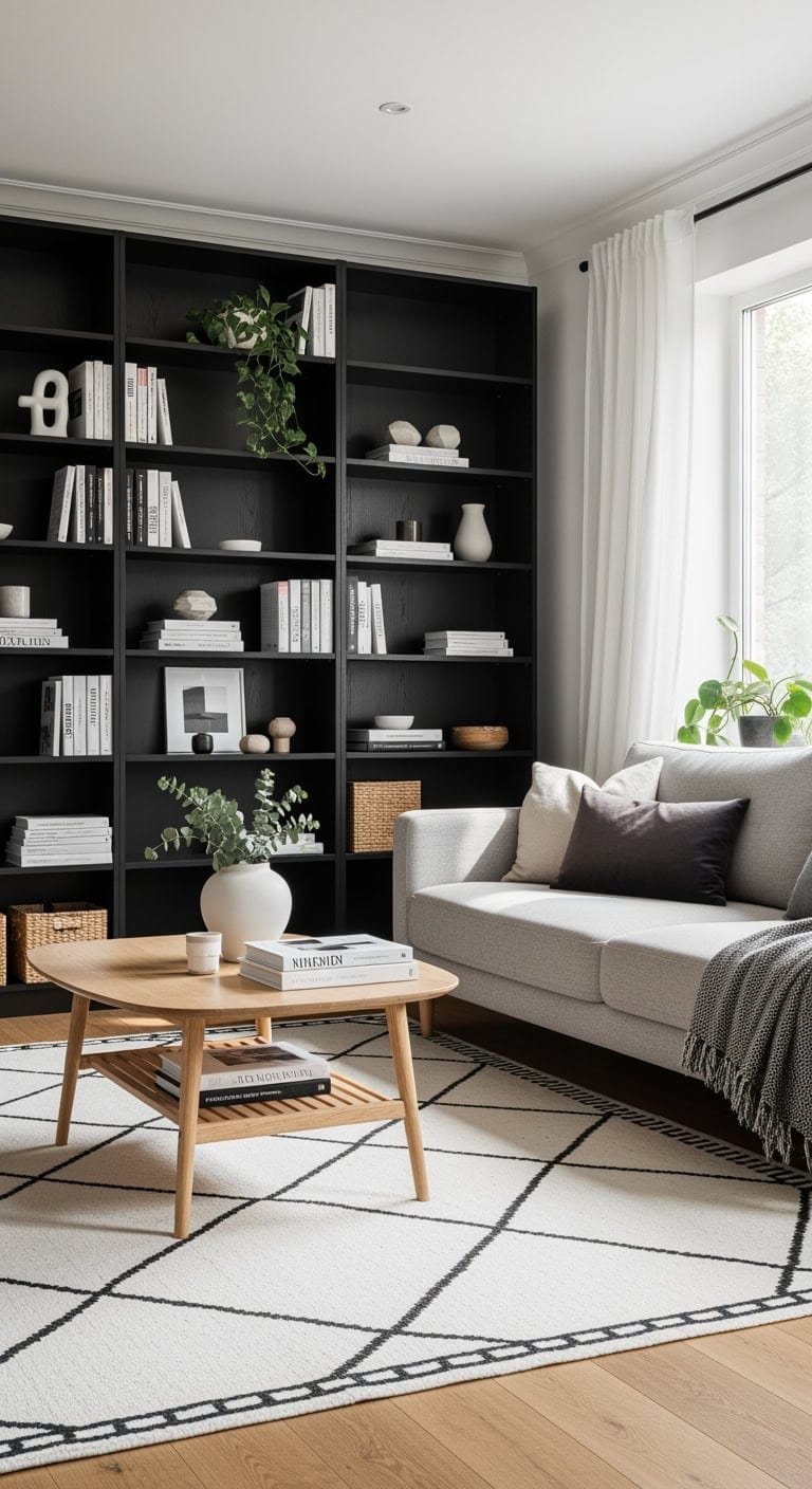 scandinavian black built ins with wood