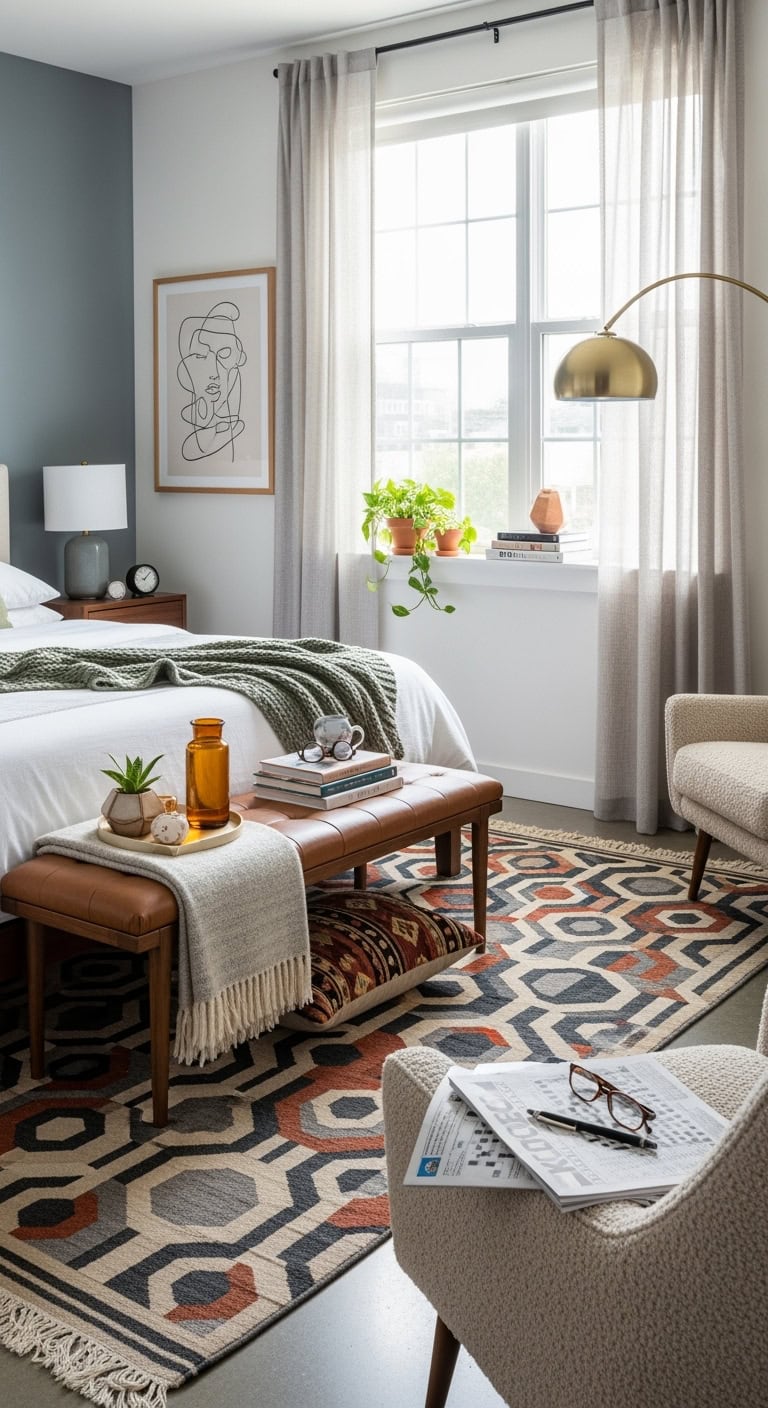 geometric rugs enhance bedroom atmosphere