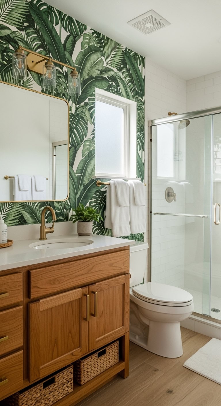 lush tropical statement making bathroom wallpaper