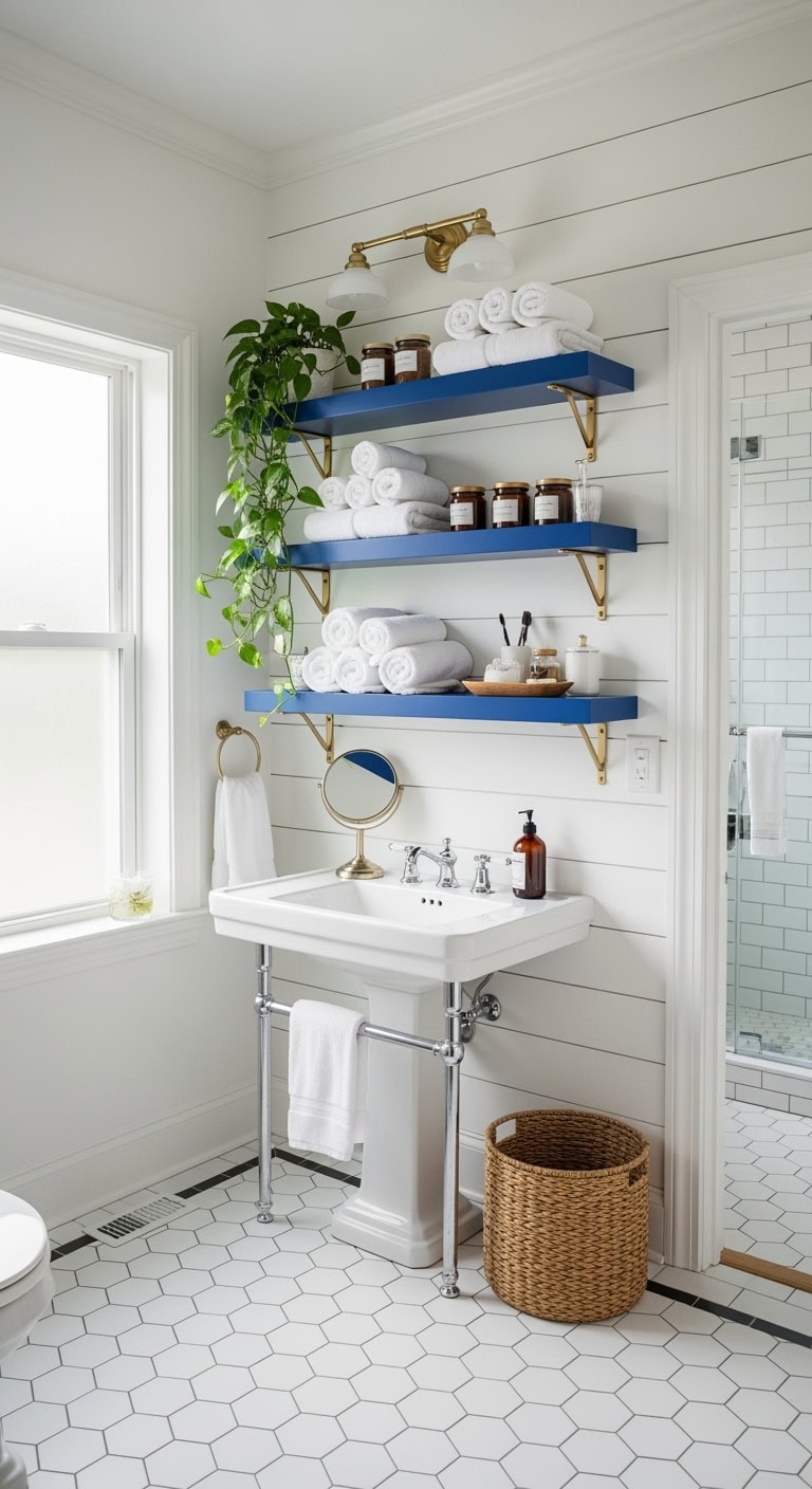 visually striking blue bathroom shelves