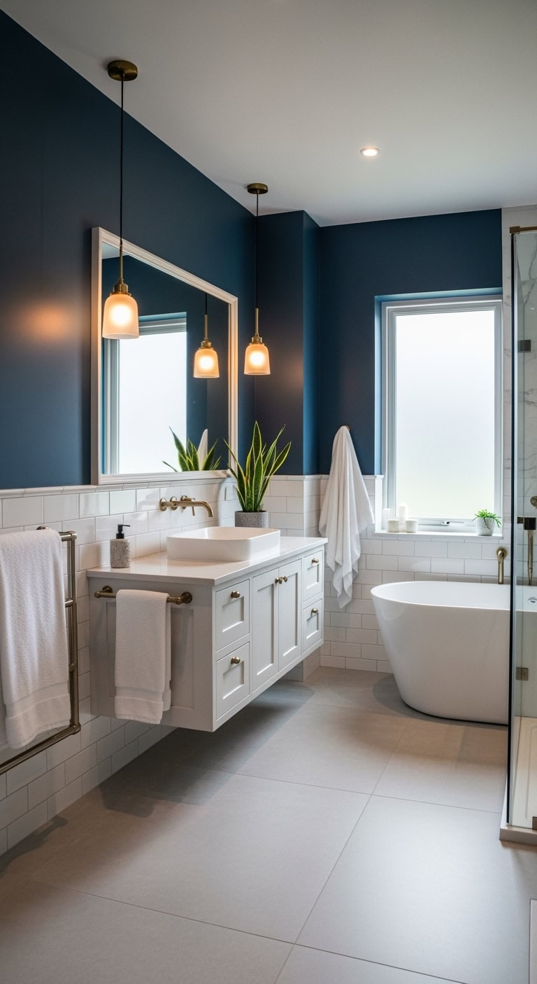 tranquil navy hued bathroom spa retreat