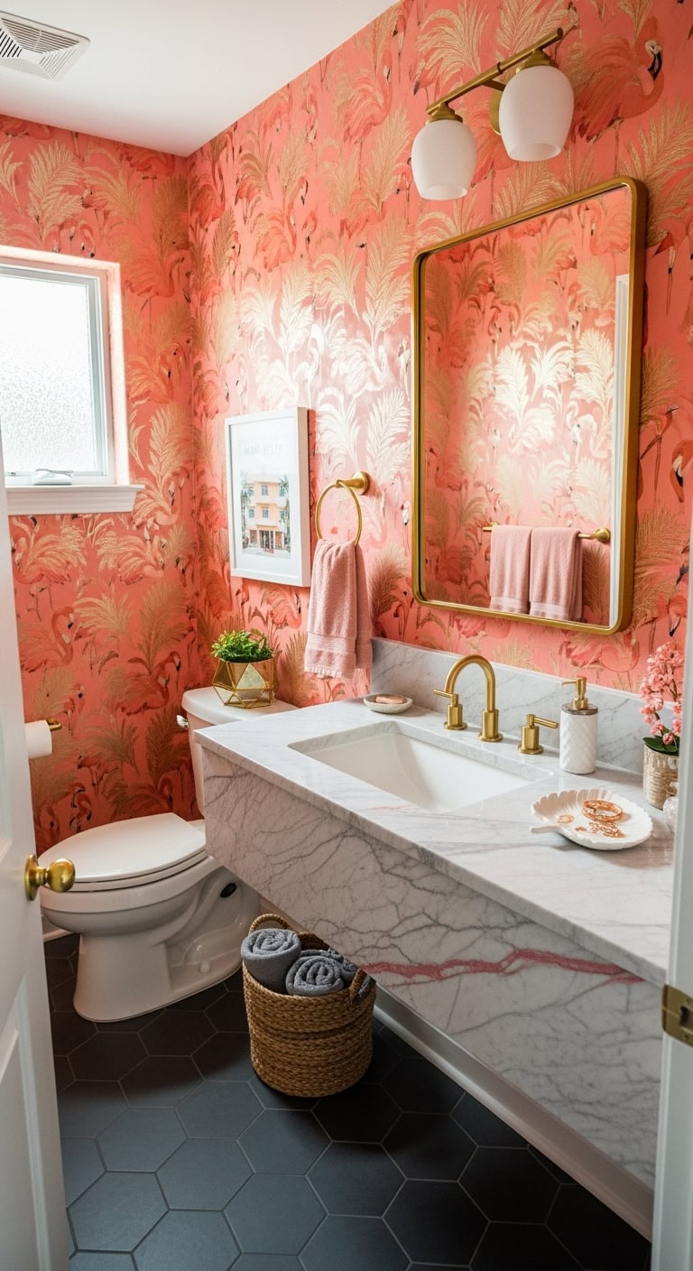 vibrant tropical powder room maximalism