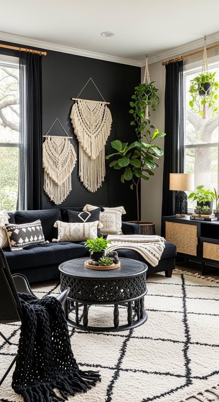 layered boho black livingroom