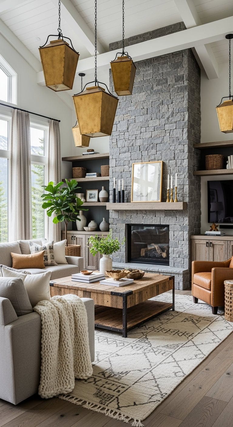 rustic gray stone fireplace