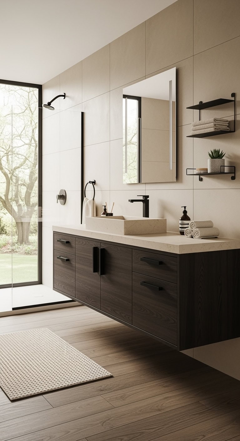 sleek beige tiles dark vanity