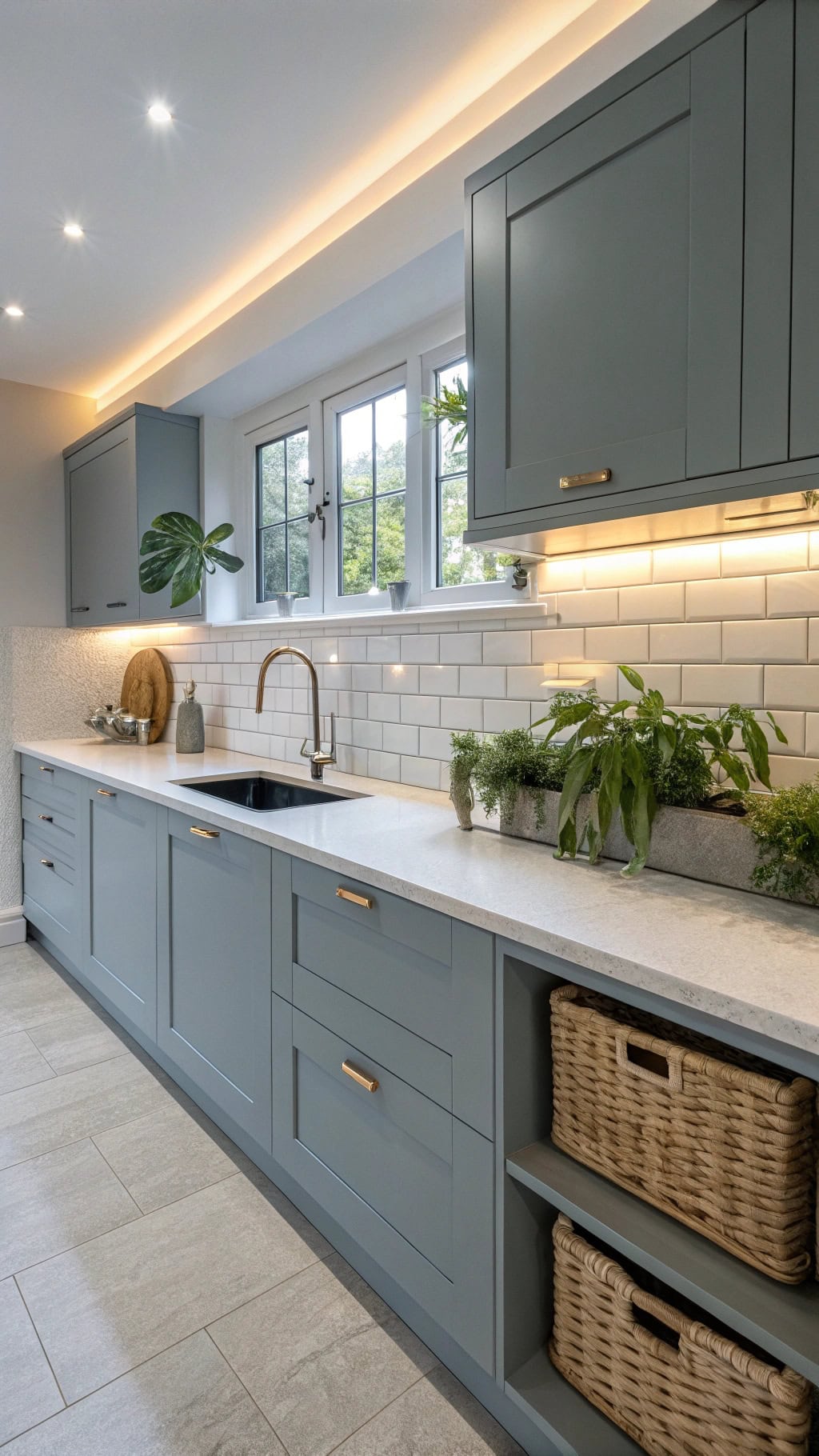 illuminated blue gray cabinets