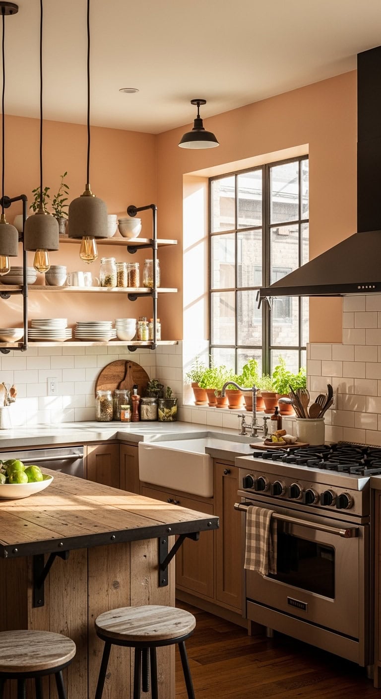 peach warms industrial kitchen