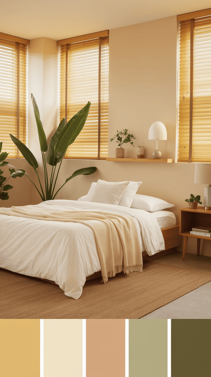 A cozy bedroom featuring yellow blinds, a white bedspread, and green plant accents.