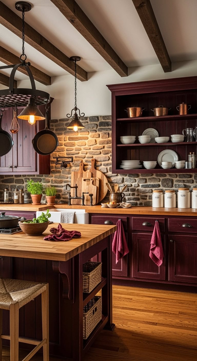 cozy rustic burgundy kitchen