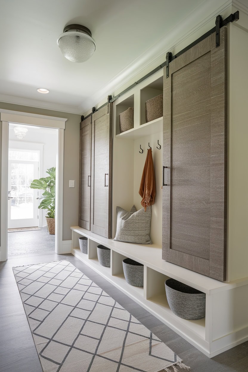 Compact mudroom lockers with sliding doors, featuring a cozy setup.