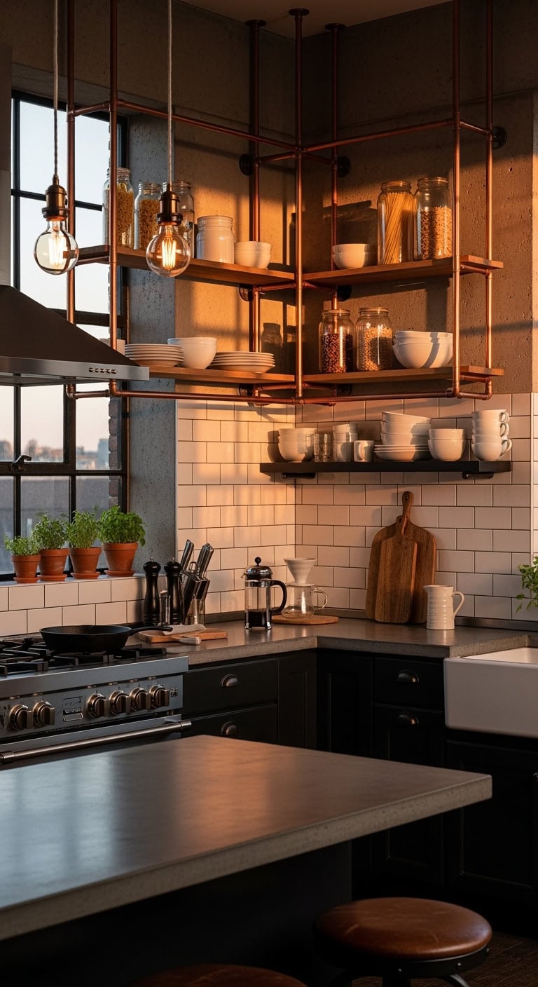 warm metallic industrial kitchen shelving