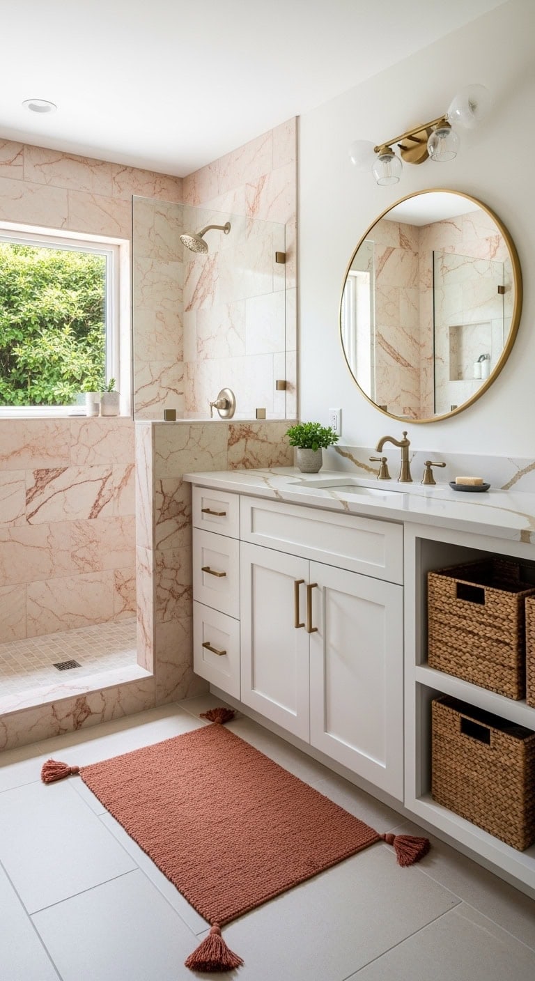 peachy coral marble bathroom