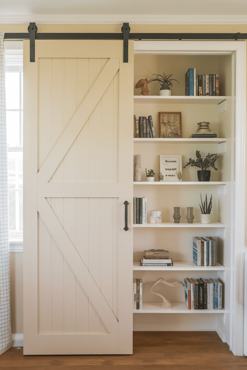 A sliding door conceals shelves in a mud room, showcasing books and plants.